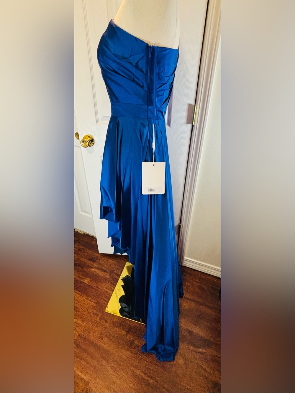 Mac Duggal One-Shoulder Cobalt Blue High-Low Satin Gown - Picture 4 of 10